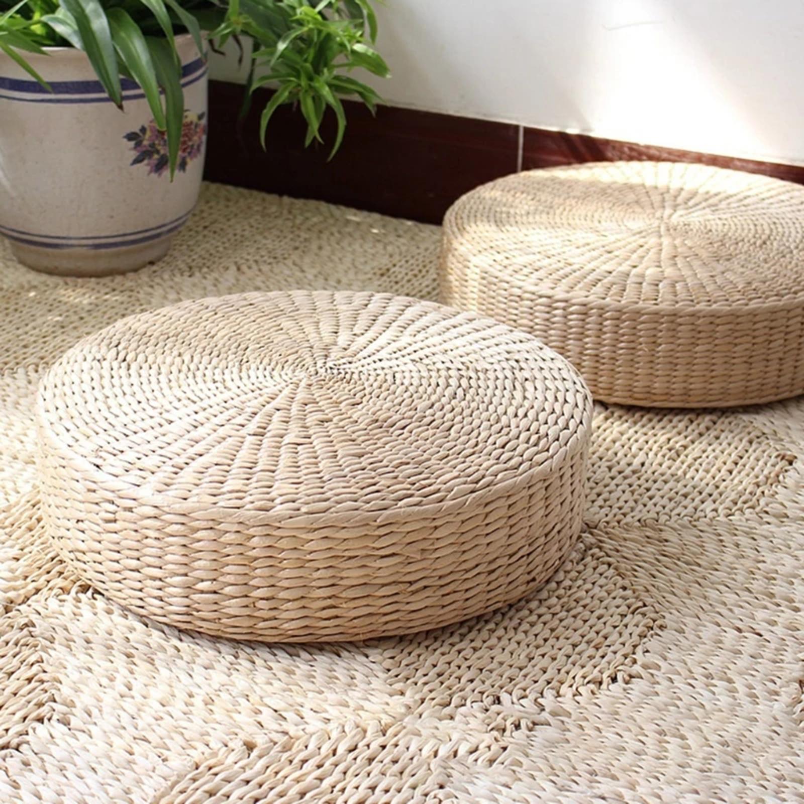 Natural Straw Round Pouf Handm - Japanese Home Textiles 评论和价格