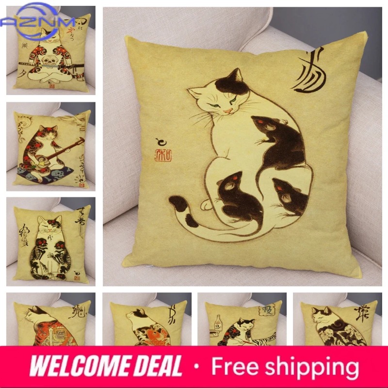 Vintage Japanese Samurai Cat T - Japanese Home Textiles 评论和价格