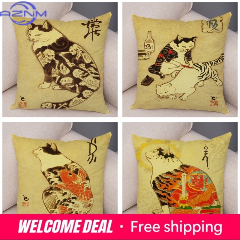 Vintage Japanese Samurai Cat T - Japanese Home Textiles 评论和价格
