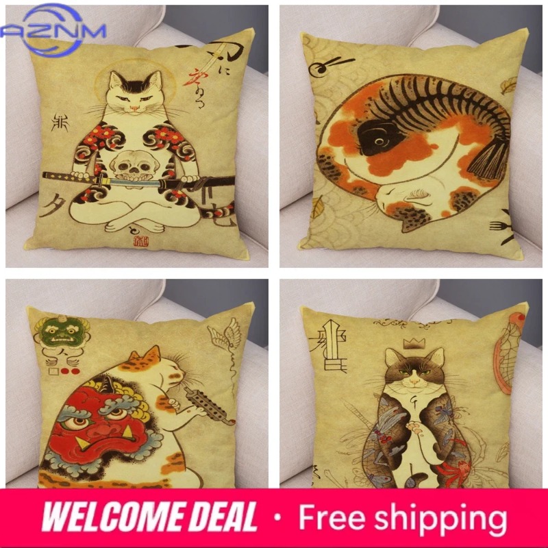 Vintage Japanese Samurai Cat T - Japanese Home Textiles 评论和价格